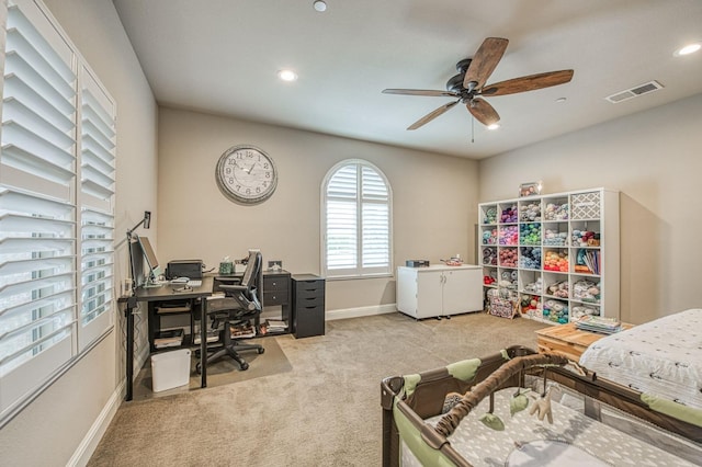 carpeted bedroom featuring baseboards, visible vents, ceiling fan, and recessed lighting