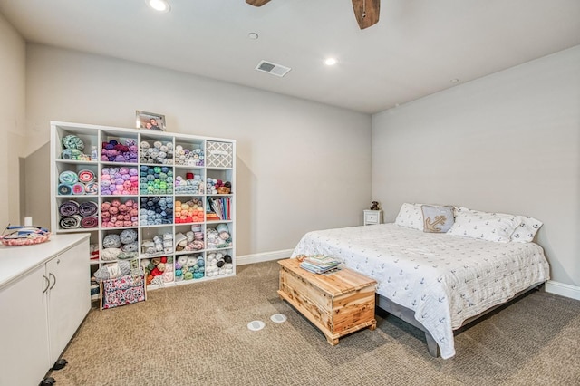 bedroom featuring light carpet, baseboards, visible vents, and recessed lighting