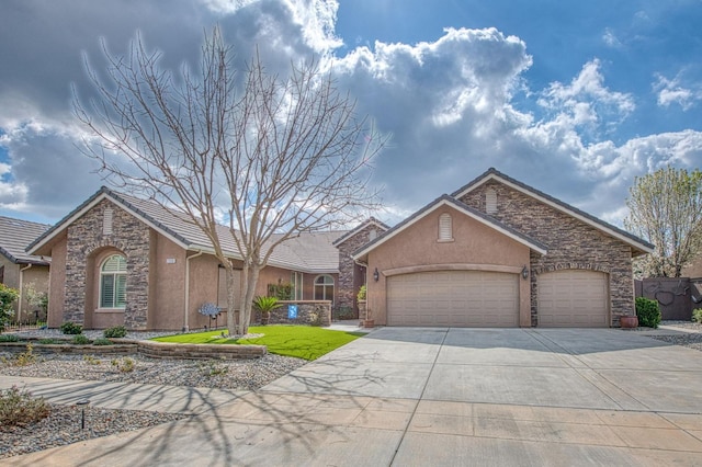 view of front of house with a garage, concrete driveway, stone siding, stucco siding, and a front lawn