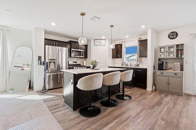 kitchen with stainless steel appliances, a sink, a kitchen island, visible vents, and light wood finished floors