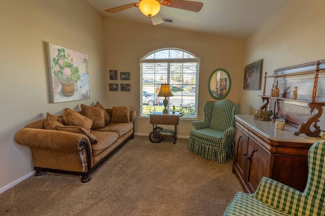 sitting room featuring ceiling fan, carpet, visible vents, and baseboards