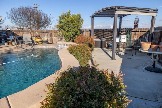 view of pool featuring a fenced backyard, a pergola, and a patio