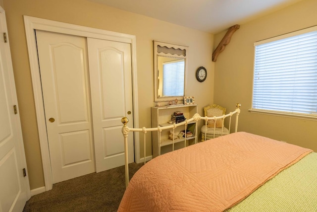 bedroom with multiple windows, dark colored carpet, and a closet