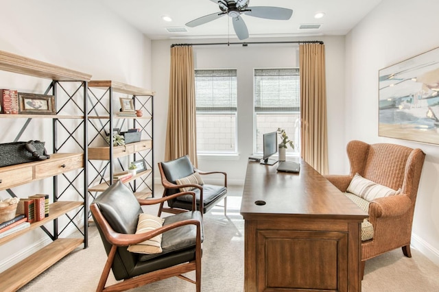 interior space featuring ceiling fan, recessed lighting, visible vents, and baseboards