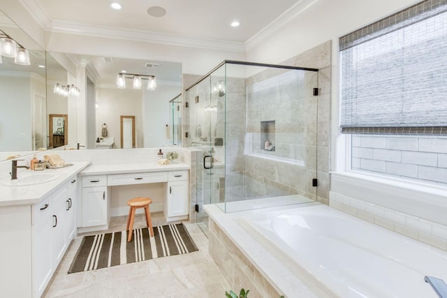 bathroom with a stall shower, ornamental molding, and vanity