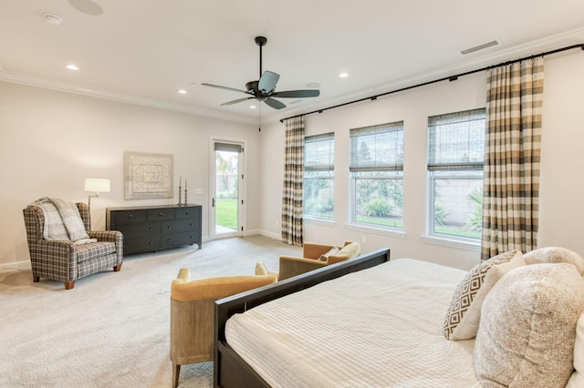 bedroom with visible vents, ornamental molding, light carpet, access to outside, and baseboards