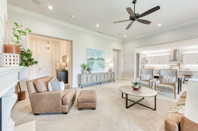 living area with recessed lighting, light colored carpet, and crown molding