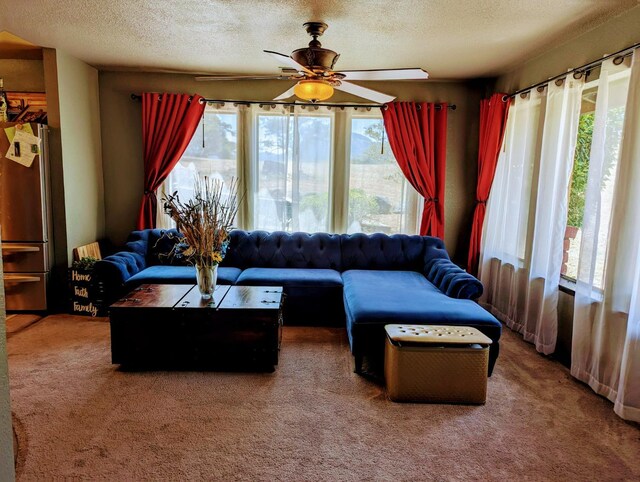 living area featuring a textured ceiling, ceiling fan, and carpet flooring