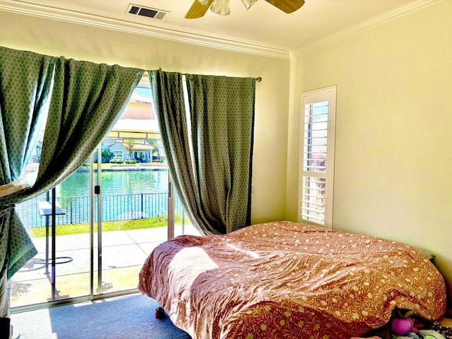 bedroom with access to exterior, visible vents, ornamental molding, and a ceiling fan