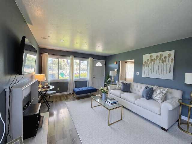 living room featuring a textured ceiling, wood finished floors, and baseboards