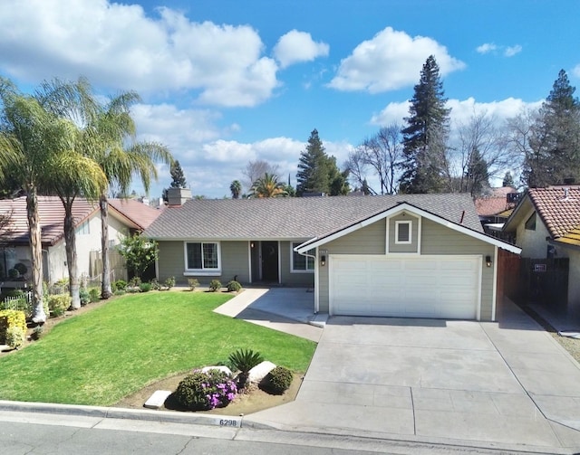 single story home featuring an attached garage, concrete driveway, and a front lawn