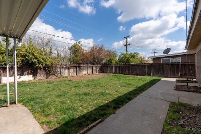 view of yard featuring a patio area and a fenced backyard