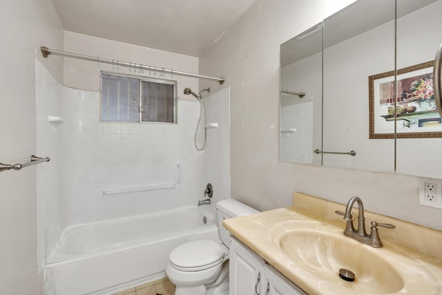 bathroom with vanity,  shower combination, and toilet