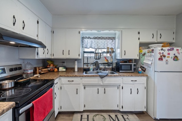 kitchen featuring under cabinet range hood, stainless steel appliances, white cabinets, and a sink