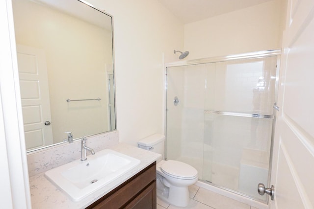 full bath with tile patterned flooring, a stall shower, toilet, and vanity