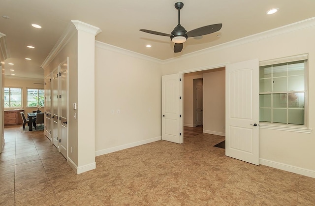 spare room with recessed lighting, ceiling fan, baseboards, and ornamental molding