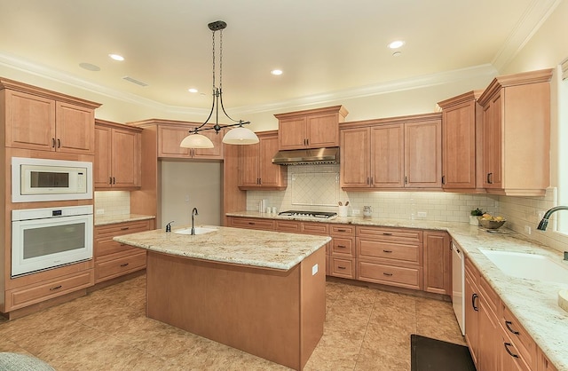 kitchen with white appliances, a sink, under cabinet range hood, tasteful backsplash, and crown molding