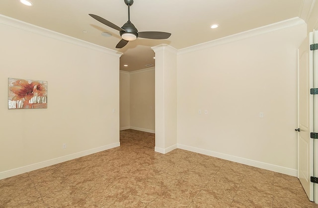 unfurnished room featuring ceiling fan, recessed lighting, baseboards, and ornamental molding