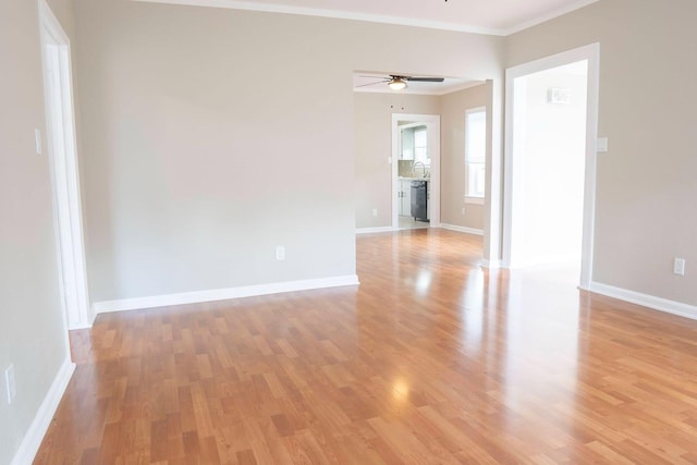 spare room featuring light wood-style flooring, baseboards, and ornamental molding