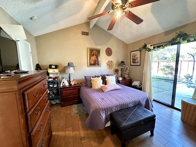 bedroom featuring visible vents, lofted ceiling with beams, access to exterior, hardwood / wood-style flooring, and a textured ceiling