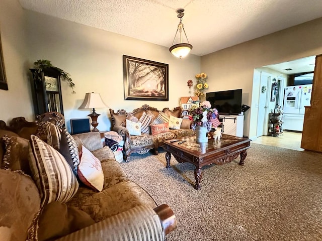 carpeted living area featuring a textured ceiling