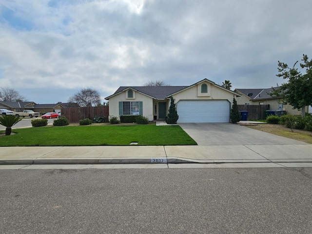 single story home featuring an attached garage, concrete driveway, a front lawn, and fence