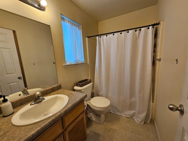 bathroom featuring vanity, toilet, and shower / bathtub combination with curtain