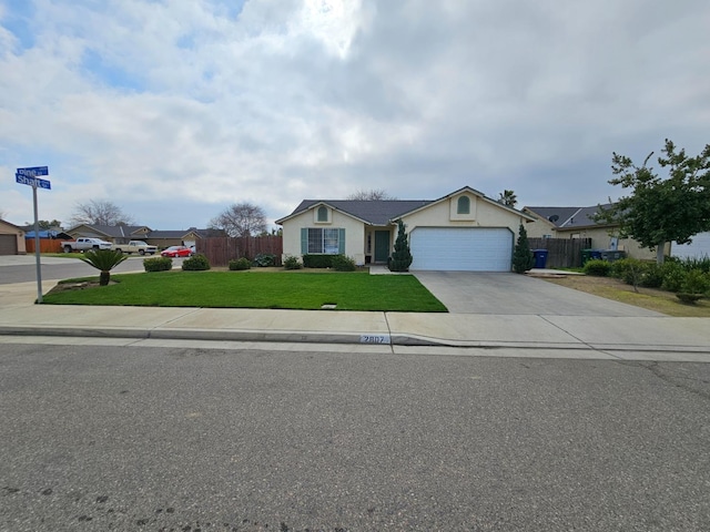 ranch-style home featuring fence, stucco siding, a front lawn, concrete driveway, and a garage