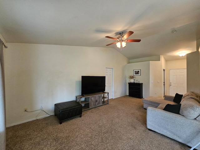 living area with carpet flooring, ceiling fan, and lofted ceiling