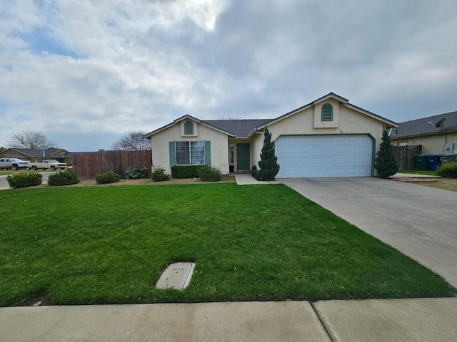 ranch-style house featuring stucco siding, driveway, fence, a front yard, and a garage