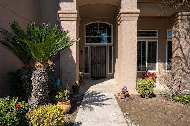 entrance to property featuring stucco siding