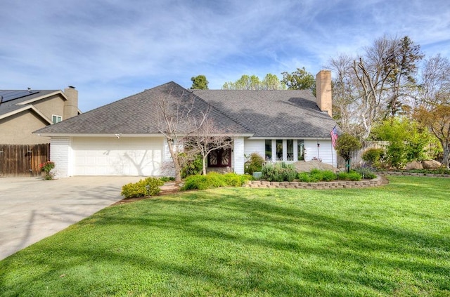 ranch-style house featuring fence, an attached garage, a chimney, concrete driveway, and a front lawn