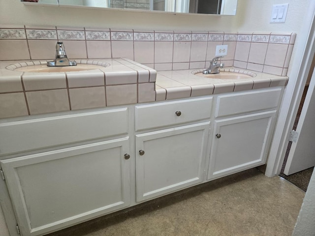 bathroom with decorative backsplash, carpet flooring, and vanity