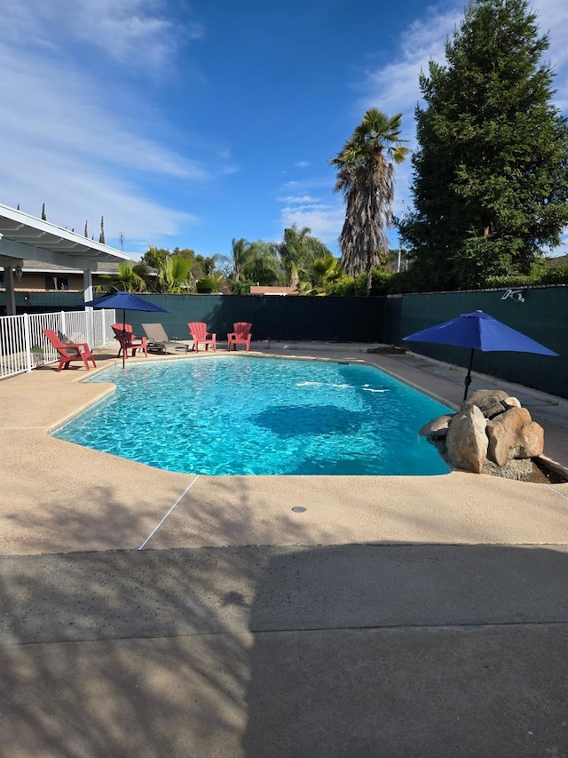 view of pool featuring a patio area, a fenced in pool, and fence