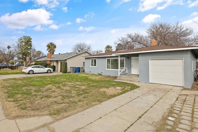 ranch-style house featuring a front lawn, a garage, driveway, and stucco siding