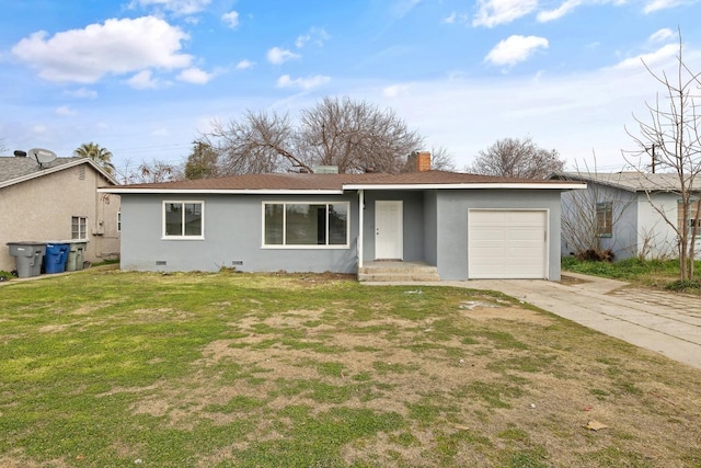 ranch-style house with concrete driveway, a front yard, stucco siding, a garage, and crawl space