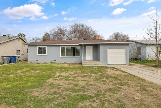 3823 E Clinton Ave, Fresno, CA 93703 - ranch-style house featuring an attached garage, concrete driveway, stucco siding, and a chimney