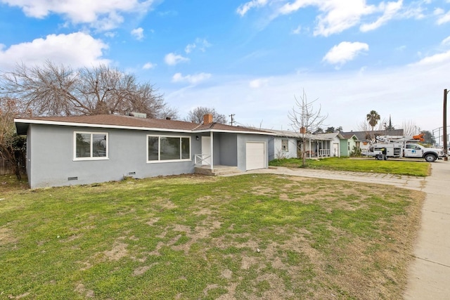 ranch-style house with a front yard, stucco siding, concrete driveway, a garage, and crawl space