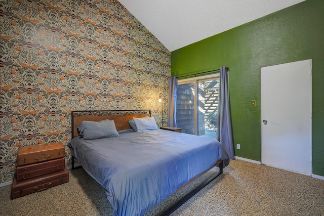 bedroom featuring access to outside, carpet floors, and vaulted ceiling