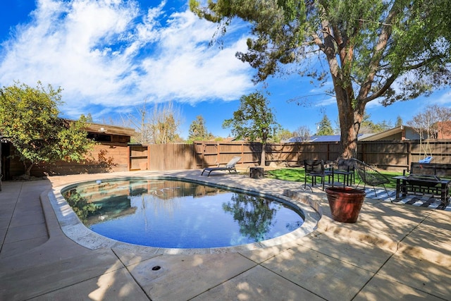 view of pool featuring a fenced in pool, a patio, and a fenced backyard