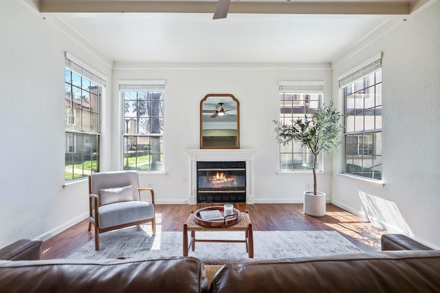 8153 N Cedar Ave Unit 106, Fresno, CA 93720 - living room with a ceiling fan, a glass covered fireplace, wood finished floors, a textured wall, and baseboards