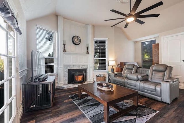 26189 Valerie Ave, Madera, CA 93638 - living area featuring vaulted ceiling, ceiling fan, and dark wood-type flooring