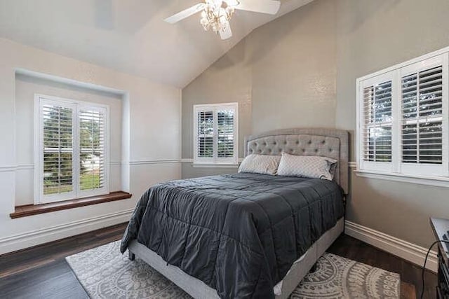 26189 Valerie Ave, Madera, CA 93638 - bedroom with wood finished floors, lofted ceiling, baseboards, and ceiling fan