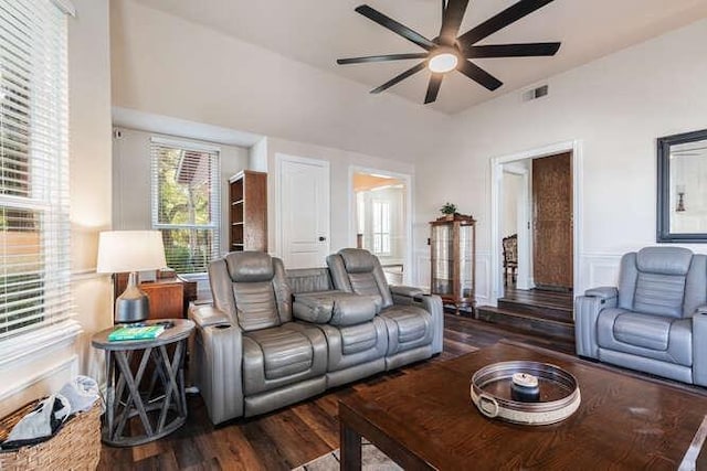 26189 Valerie Ave, Madera, CA 93638 - living room featuring wood finished floors, a ceiling fan, and a wainscoted wall
