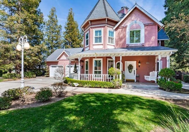 26189 Valerie Ave, Madera, CA 93638 - victorian-style house with a porch, a front lawn, driveway, and an attached garage