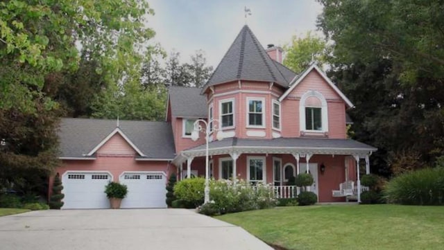 victorian home with a porch, concrete driveway, a front yard, a chimney, and an attached garage