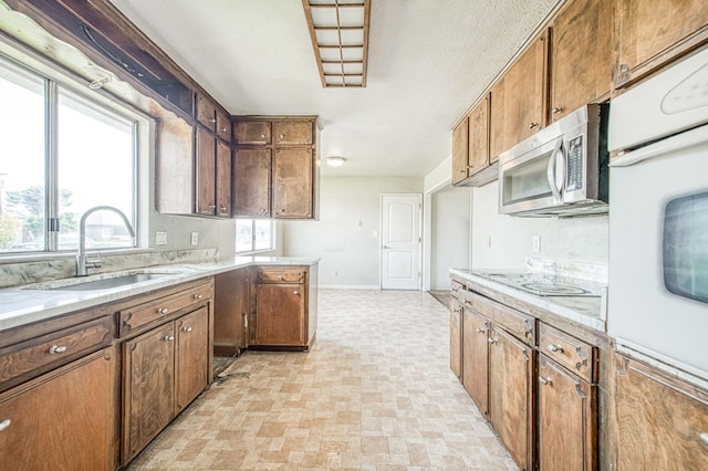 kitchen featuring white appliances, light countertops, brown cabinets, and a sink