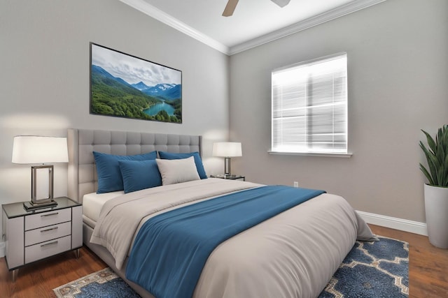 bedroom featuring ceiling fan, crown molding, baseboards, and wood finished floors