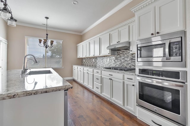 kitchen featuring a sink, stainless steel appliances, under cabinet range hood, and ornamental molding