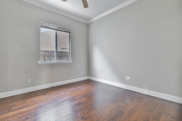 unfurnished room with a ceiling fan, baseboards, dark wood-style flooring, and ornamental molding